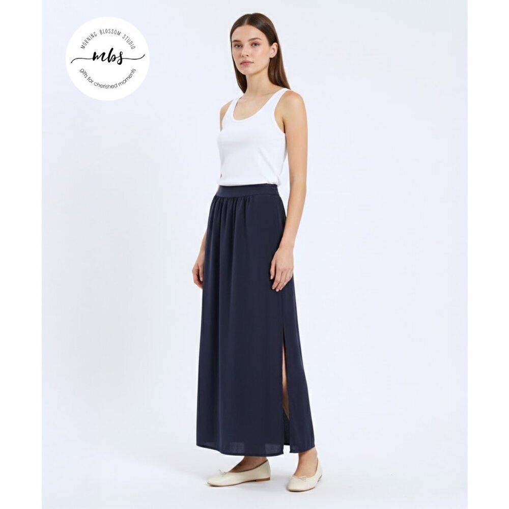 Bershka Unlined Side Slits Maxi Skirt Navy Women S